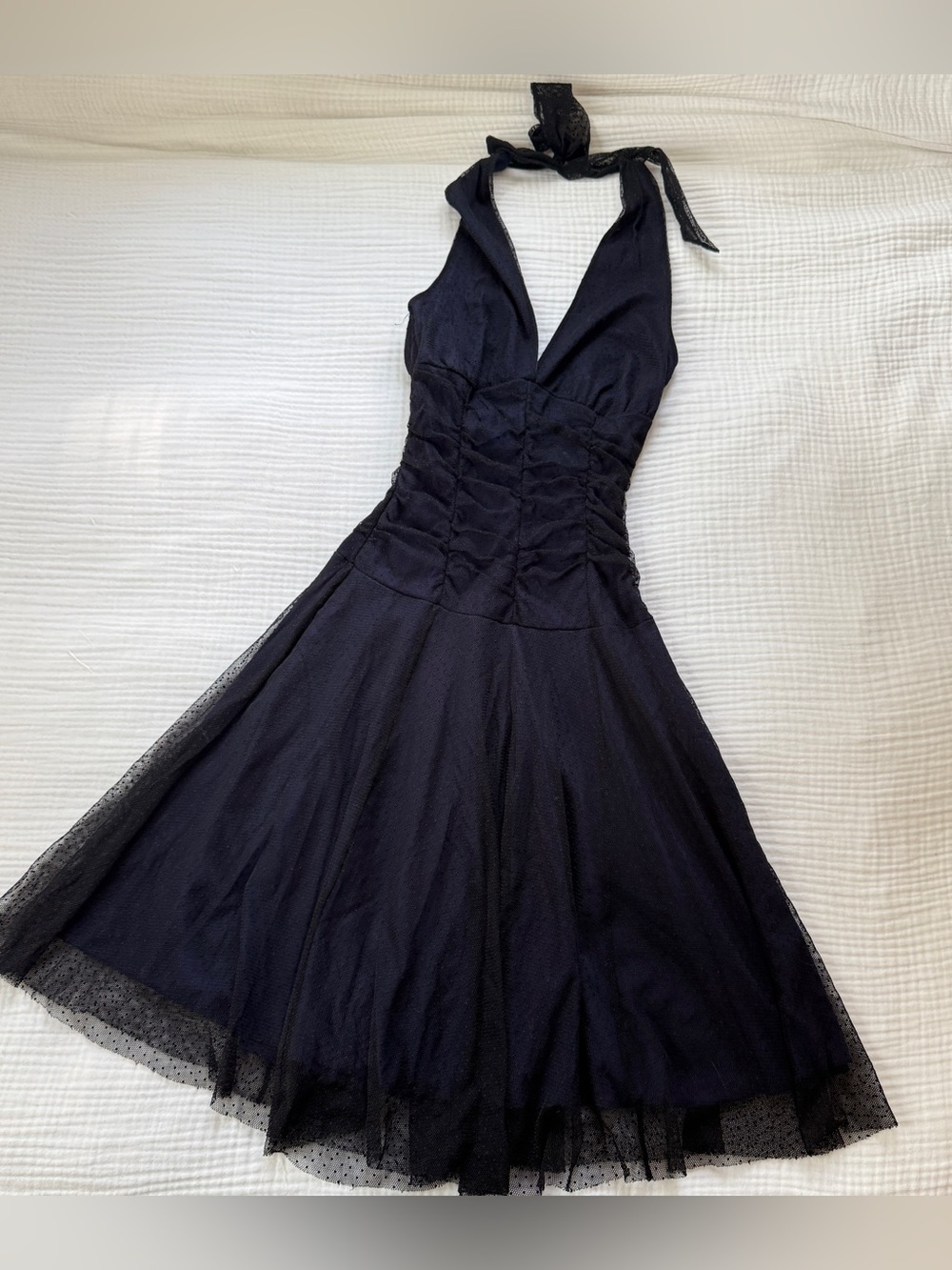 Y2K JasmineSla Navy Swiss Dot Mesh Halter Fit & Flare Cocktail Dress XS